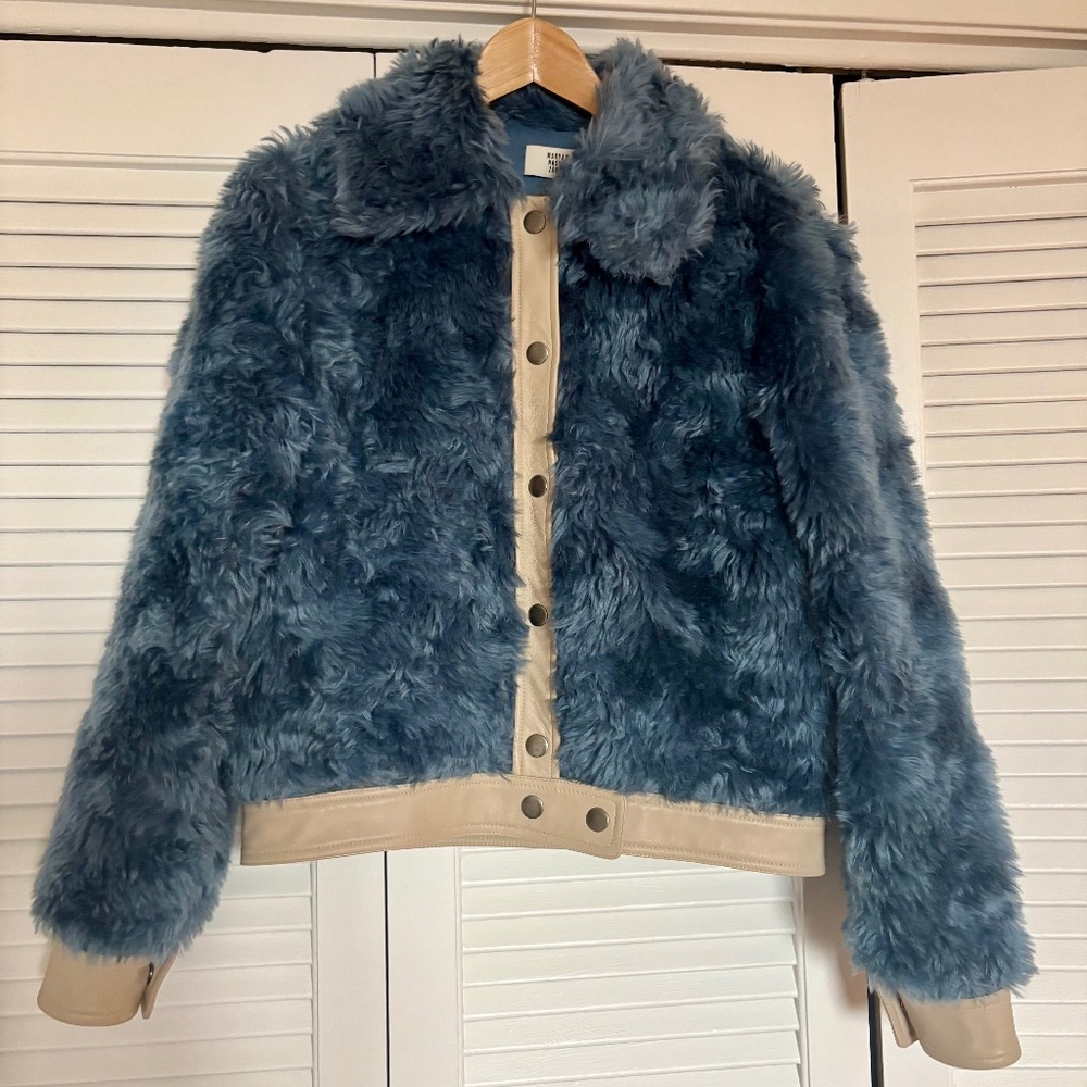 Maryam Nassir Zadeh Linus Bomber Jacket Blue Fur Leather Size 6